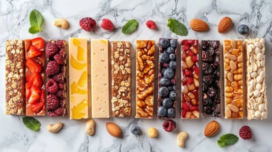 Variedad de snacks proteicos sabores chocolate, coco y frutos rojos